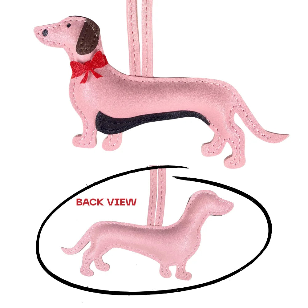 Elegant Dachshund Leather Bag Charm with Red Bow – Cute Pet Lover Gift