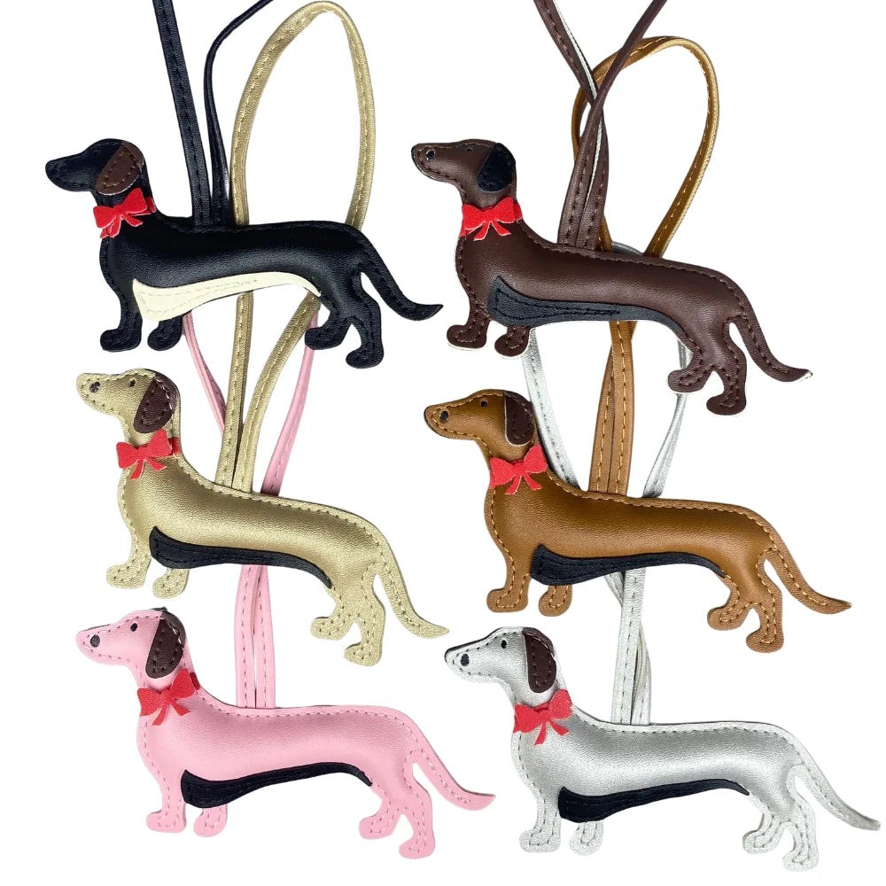 Elegant Dachshund Leather Bag Charm with Red Bow – Cute Pet Lover Gift