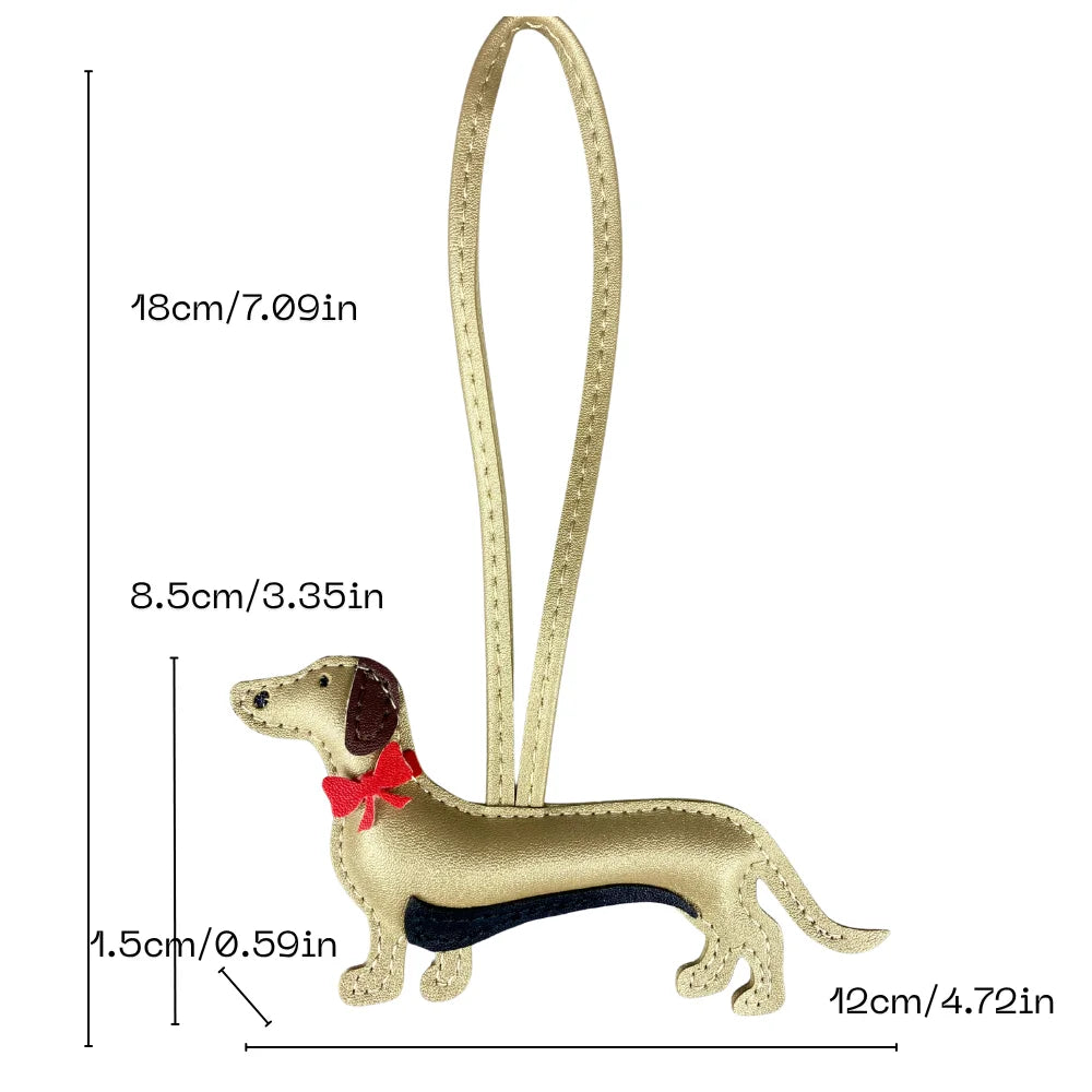 Elegant Dachshund Leather Bag Charm with Red Bow – Cute Pet Lover Gift
