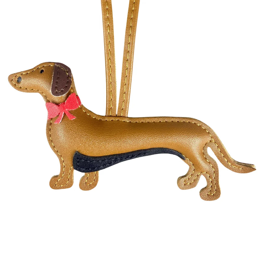 Elegant Dachshund Leather Bag Charm with Red Bow – Cute Pet Lover Gift
