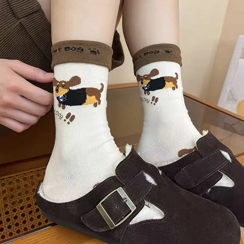 Funny Dachshund Cotton Crew Socks – Cute Sausage Dog Cartoon Print