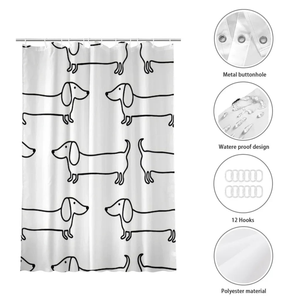 Dachshund Black & White Shower Curtain – Waterproof Bathroom Decor with Sausage Dog Print