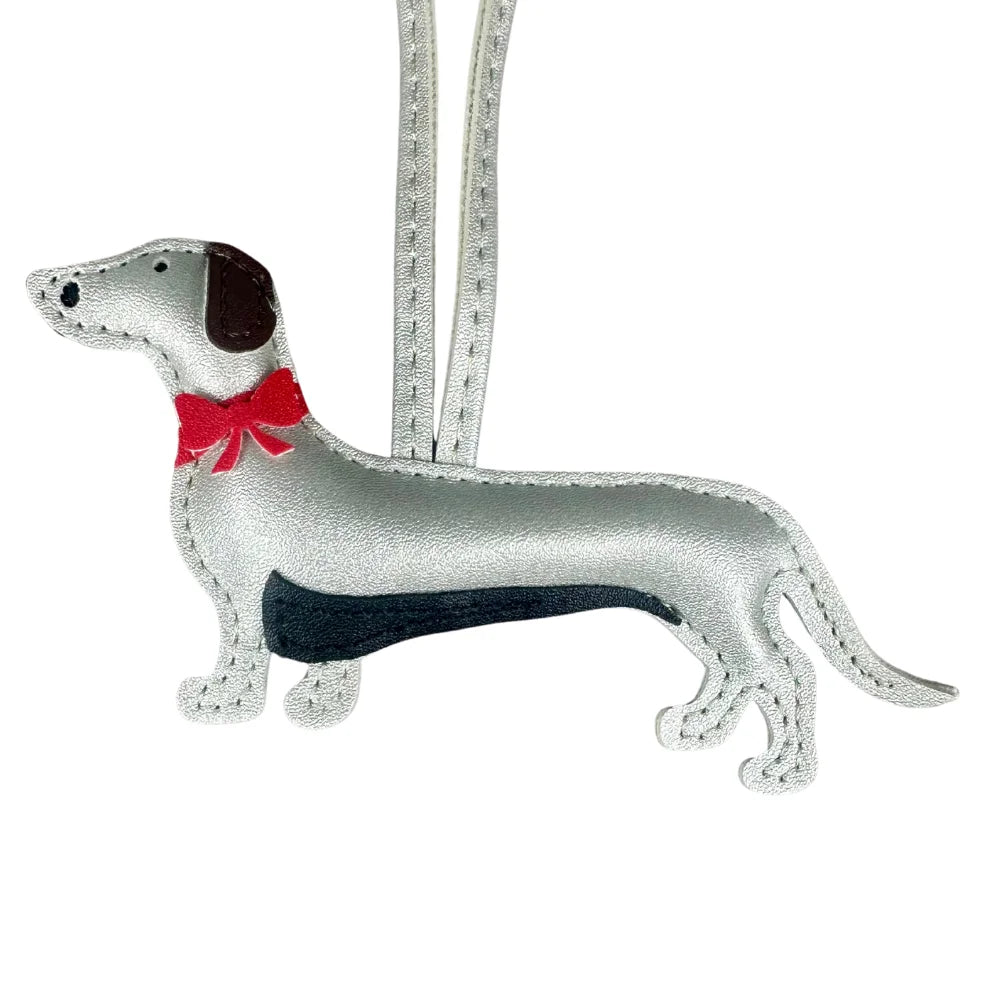 Elegant Dachshund Leather Bag Charm with Red Bow – Cute Pet Lover Gift