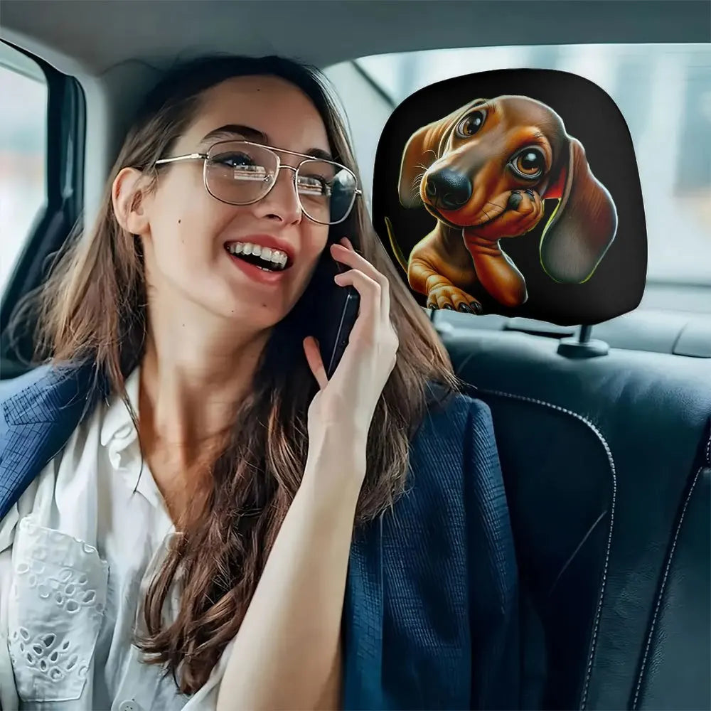 Cute Dachshund Car Headrest Covers (2PCS) – Sausage Dog Print, Elastic & Stain Resistant