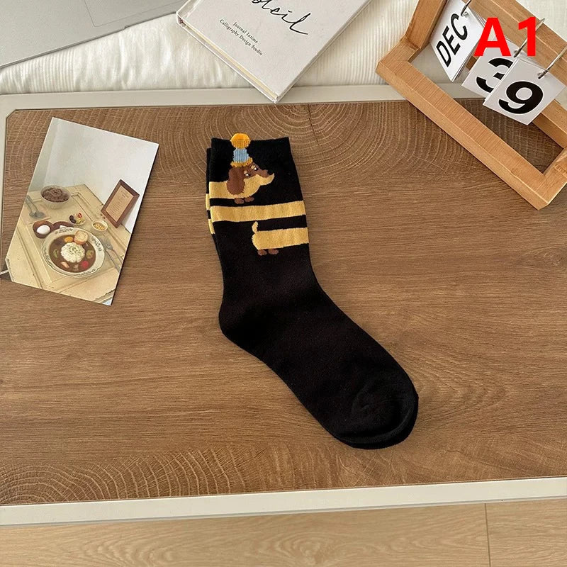 Funny Dachshund Cotton Crew Socks – Cute Sausage Dog Cartoon Print