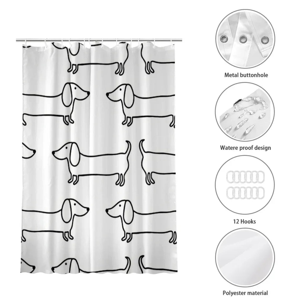 Dachshund Black & White Shower Curtain – Waterproof Bathroom Decor with Sausage Dog Print