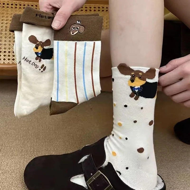 Funny Dachshund Cotton Crew Socks – Cute Sausage Dog Cartoon Print