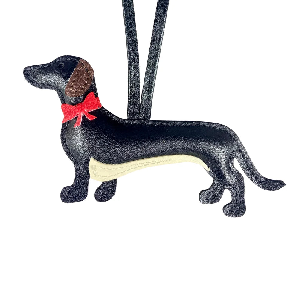 Elegant Dachshund Leather Bag Charm with Red Bow – Cute Pet Lover Gift